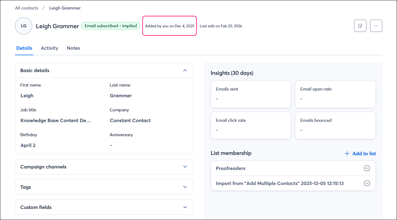 Contact record with Details tab selected, and "Added by Site owner" information