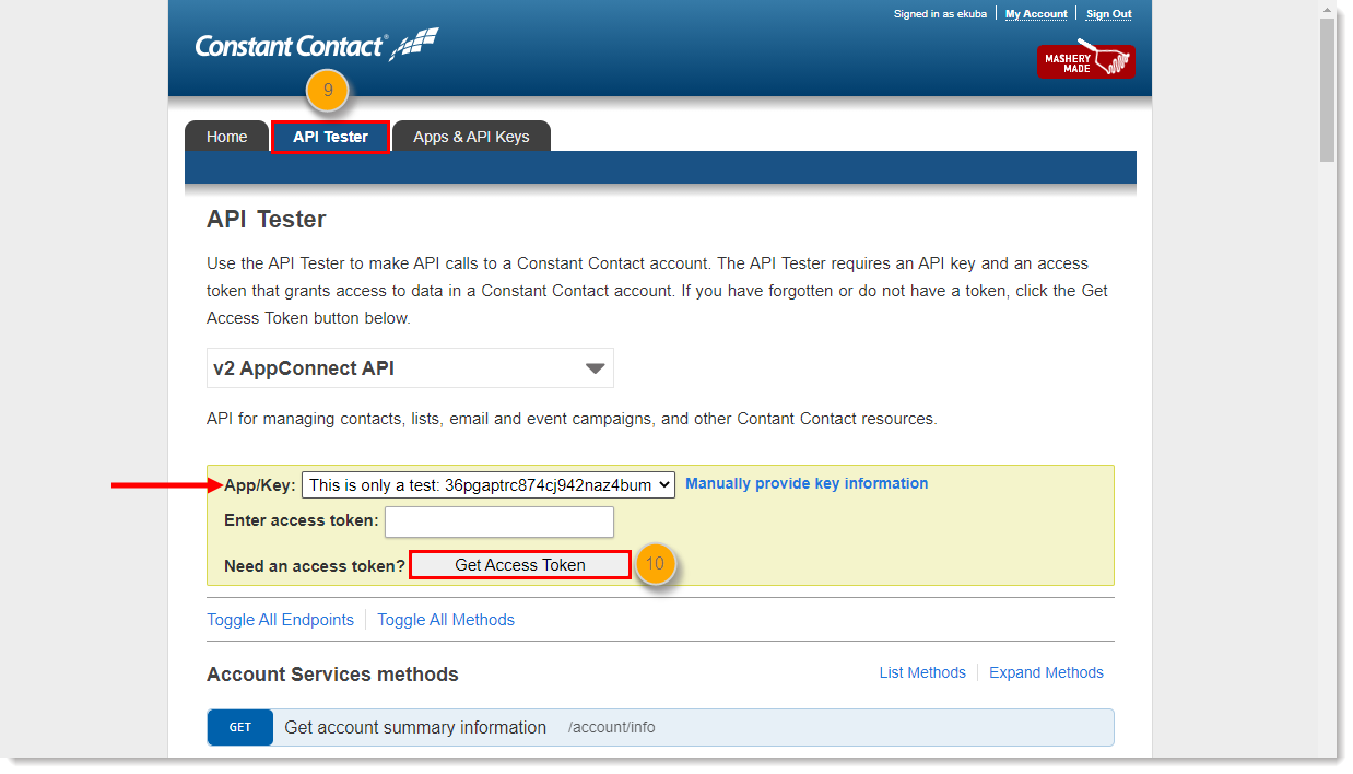 v2 API Developer Portal with API Tester tab selected, App/Key field filled in, and Get Access Token button