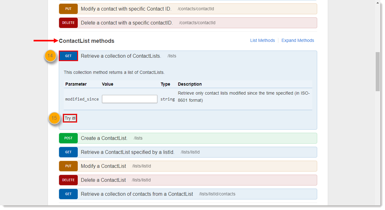 v2 API Developer Portal with API Tester tab selected, ContactList methods section, Retrieve a collection of ContactLists section expanded with GET button, and Try it! button