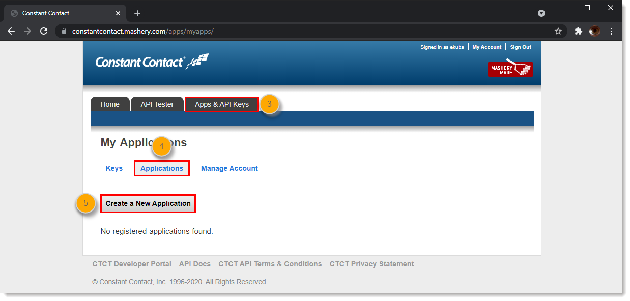 v2 API Developer Portal, Apps & API Keys tab selected, Applications tab selected, and Create a New Application button