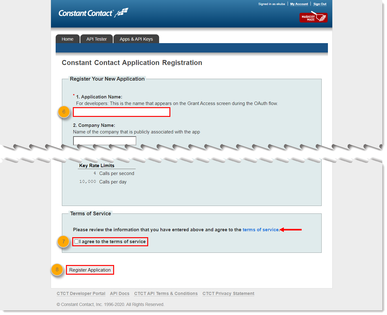 v2 Developer Portal Application Registration page, Register Your New Application section and Application name field, Terms of Service section with "I agree to the terms of service" option, and Register Application button 
