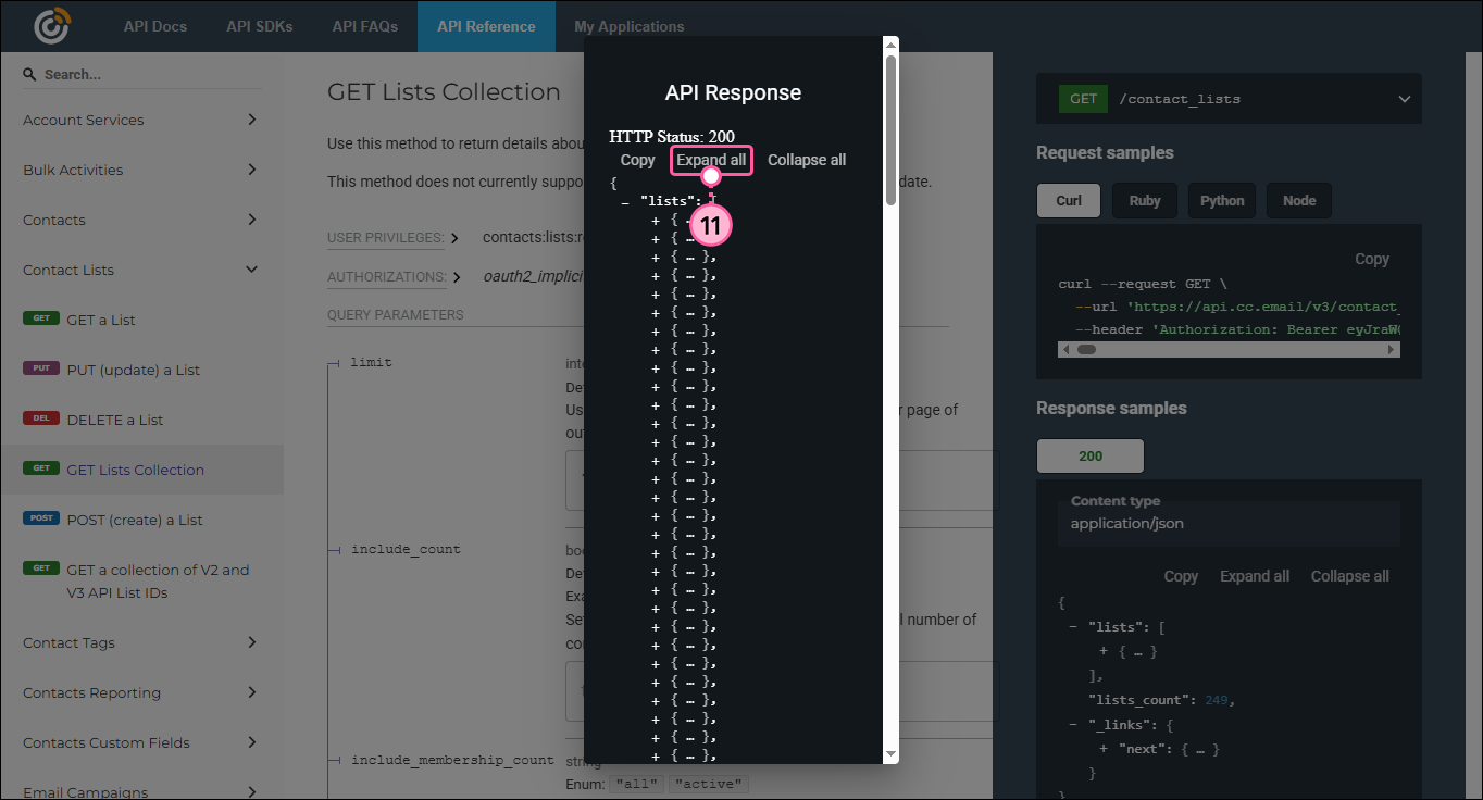 API Response overlay with list information collapsed