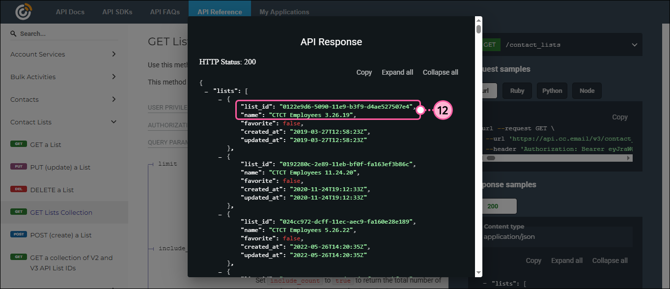 API Response overlay with list information expanded showing the list_id and name for each list