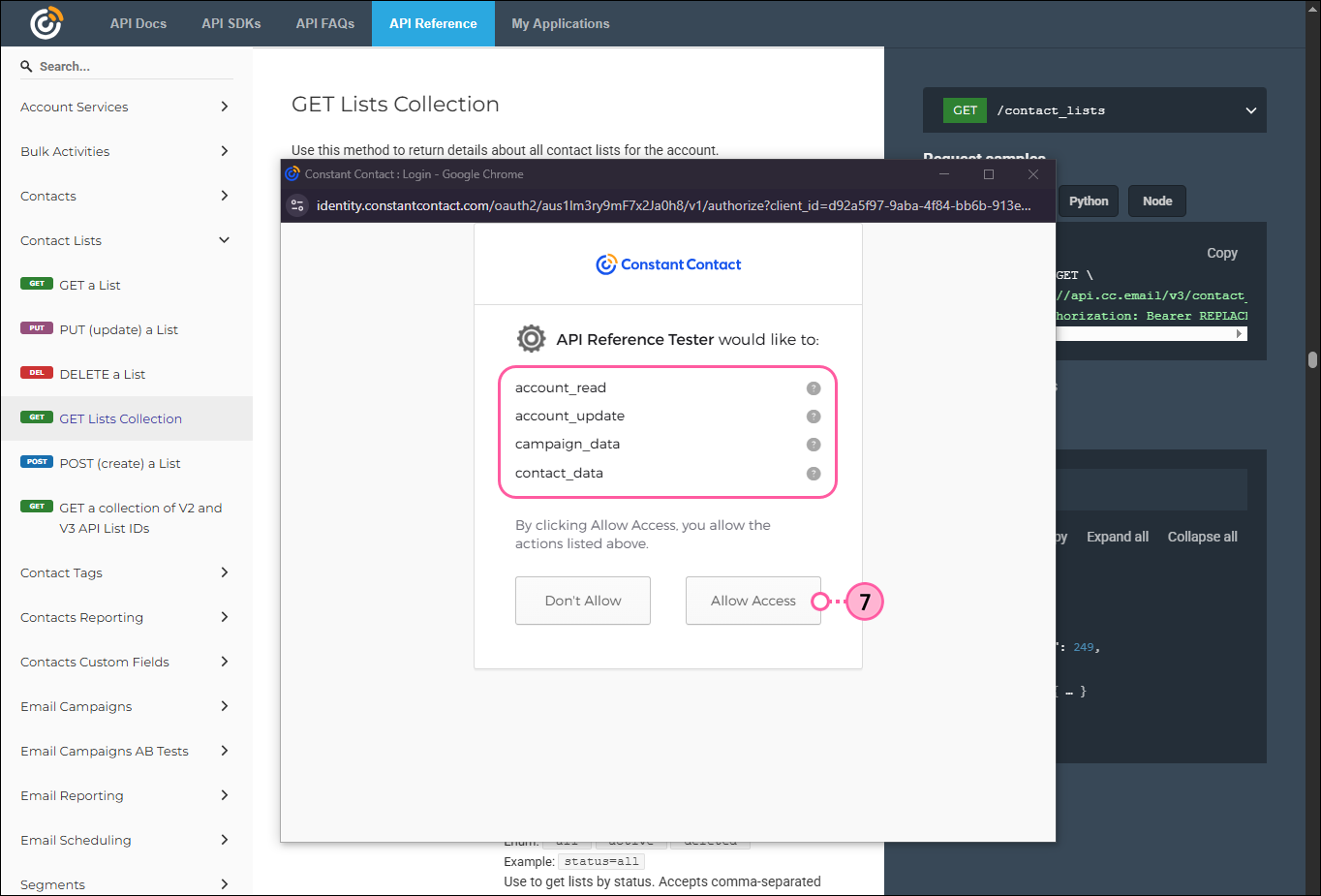 Constant Contact Sign In overlay with API Reference Tester permissions and Allow Access button