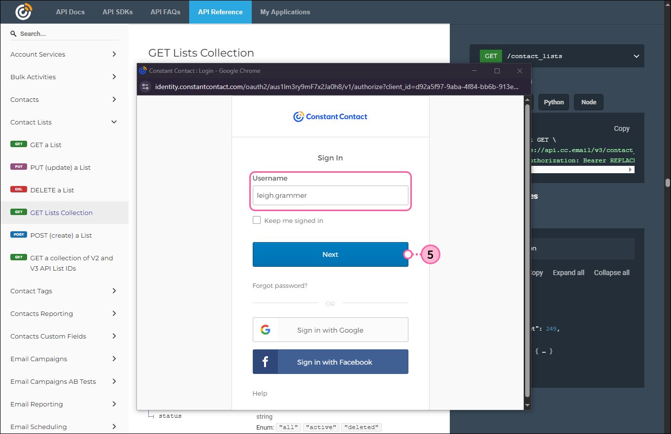 Constant Contact Sign In overlay with Username field and Next button