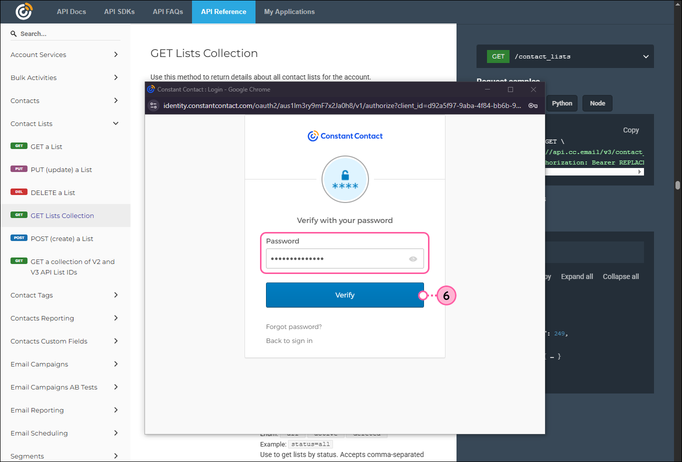 Constant Contact Sign In overlay with Password field and Verify button