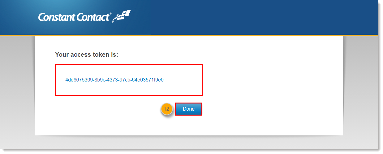 v2 Developer Portal access token page, Your access token is field with token populated, and Done button