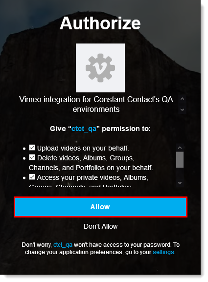 Autorizar la integración de Vimeo para Constant Contact y botón Allow (permitir)