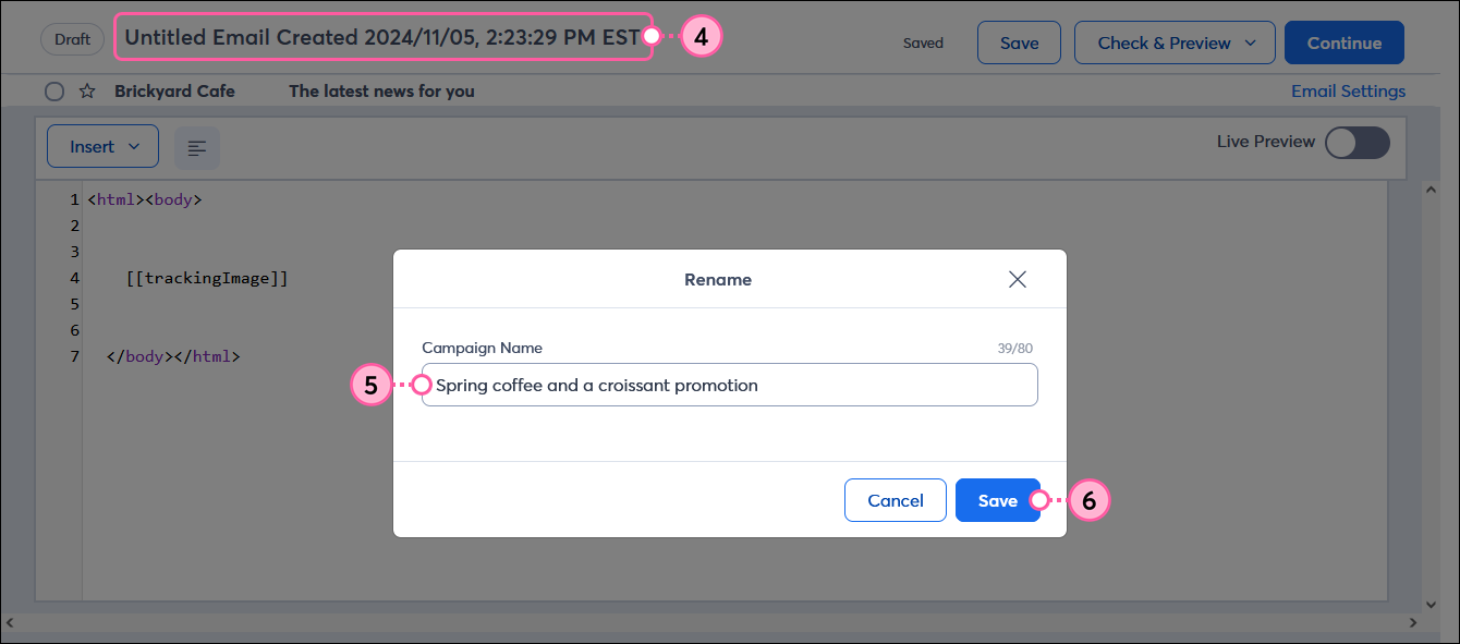 Editor de código personalizado, ventana superpuesta Rename (Volver a nombrar), campo Campaign Name (Nombre de campaña) y botón Save (Guardar)