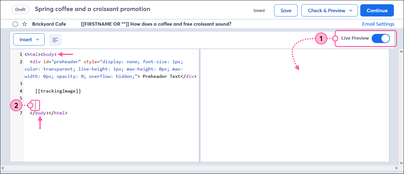 Editor de código personalizado con alternador Live Preview (Vista previa) y etiquetas de cuerpo en el código HTML