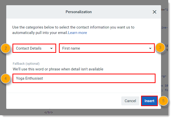 Personalization fields and Insert button