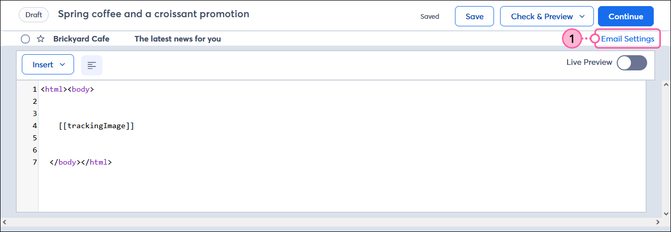 Editor de código personalizado con opción Email Settings (Configuración de correo electrónico)