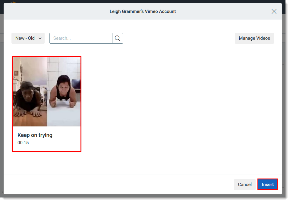 Vídeos de la cuenta de Vimeo conectados con vídeo seleccionado y botón Insert (Insertar)