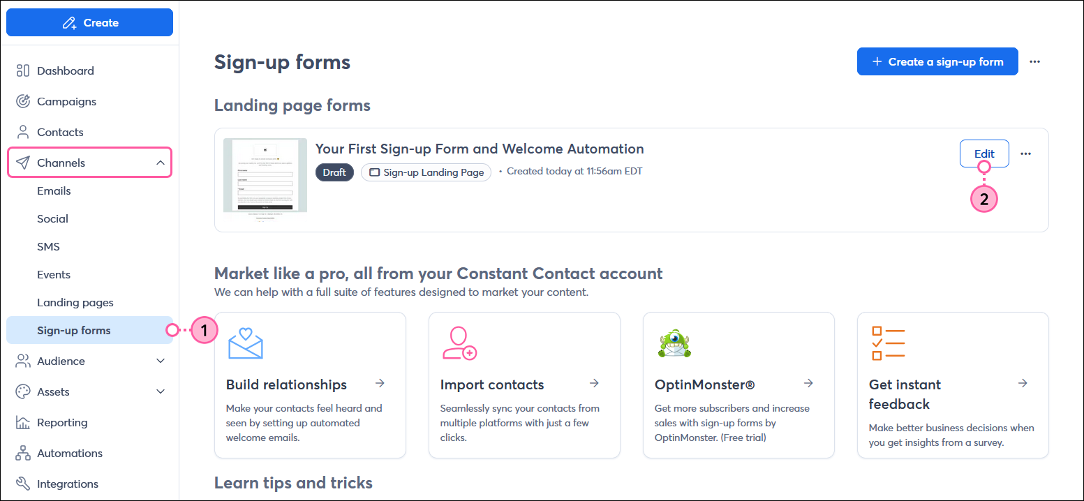 Channels menu expanded and Sign-up forms option selected, Sign-up forms dashboard with Your First Sign-up Form and Welcome Automation and Edit button
