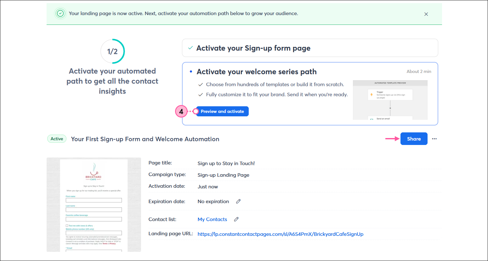 Sign-up Landing Page Details page, with Activate your welcome series path section and Preview and activate button, and Share button