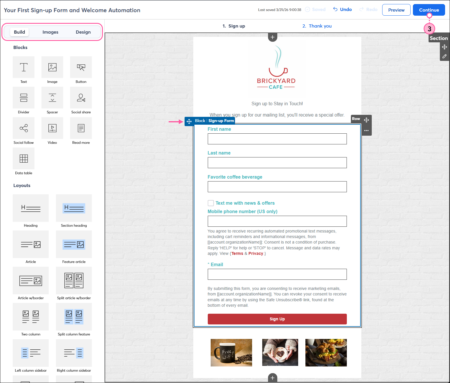 Sign-up Landing Page editor with Build tab selected, branded landing page with both email and SMS opt-in content, and Continue button