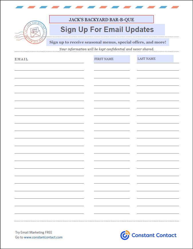 Example paper sign-up form