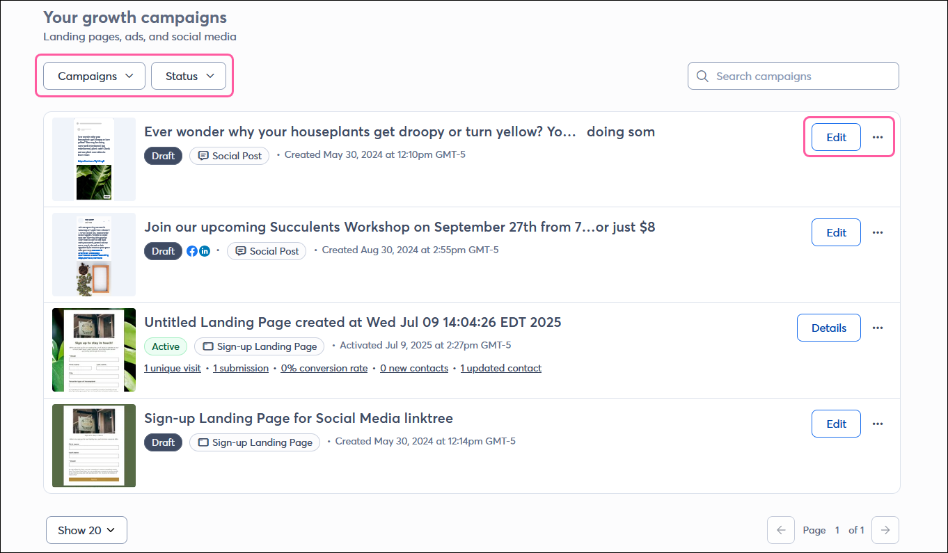 Audience growth center page with Your growth campaigns section with filter options and campaign Details button and menu button
