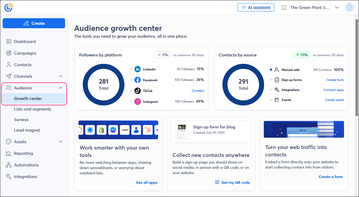 Audience menu expanded with Growth center option selected, Audience growth center page with Followers by platform section and Contacts by source section