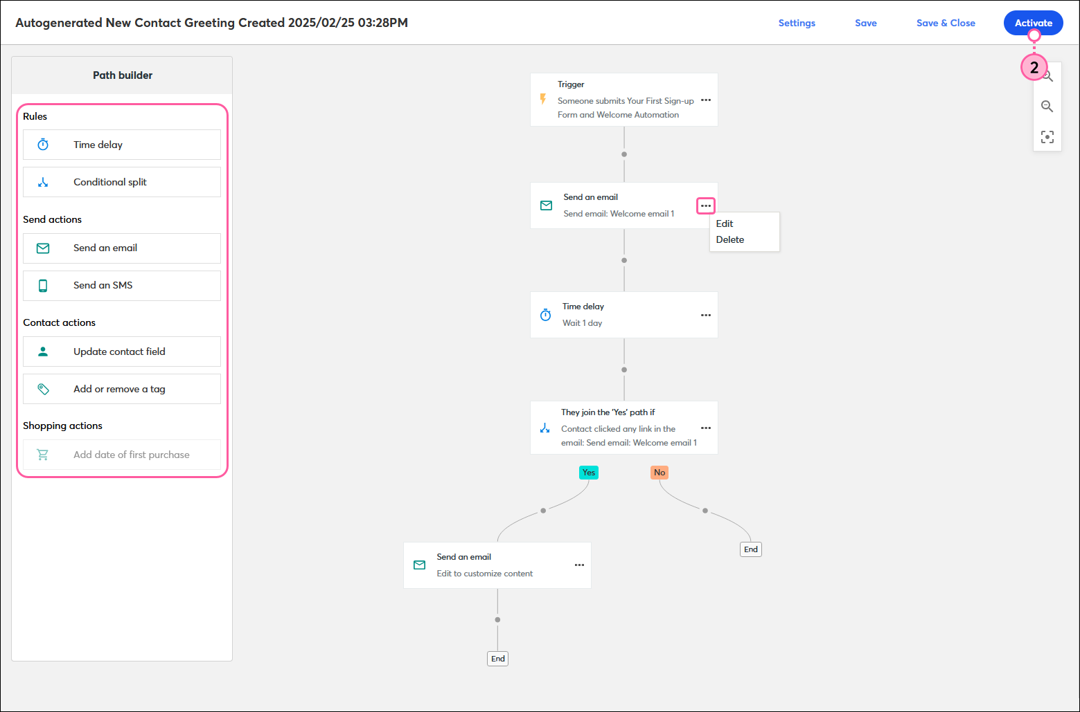Generador de rutas de automatización con ruta de saludo de nuevo contacto generado automáticamente, reglas del generador de rutas, acciones de envío, acciones de contacto y opciones de acción de compra, ruta con demora y división condicional y botón Activate (Activar)
