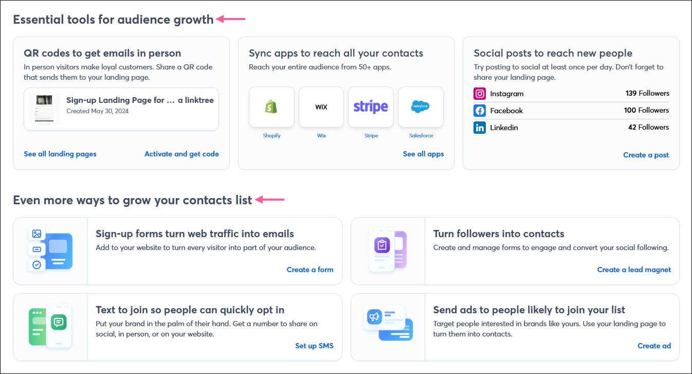 Audience growth center with Essential tools for audience growth section and Even more ways to grow your contact lists section