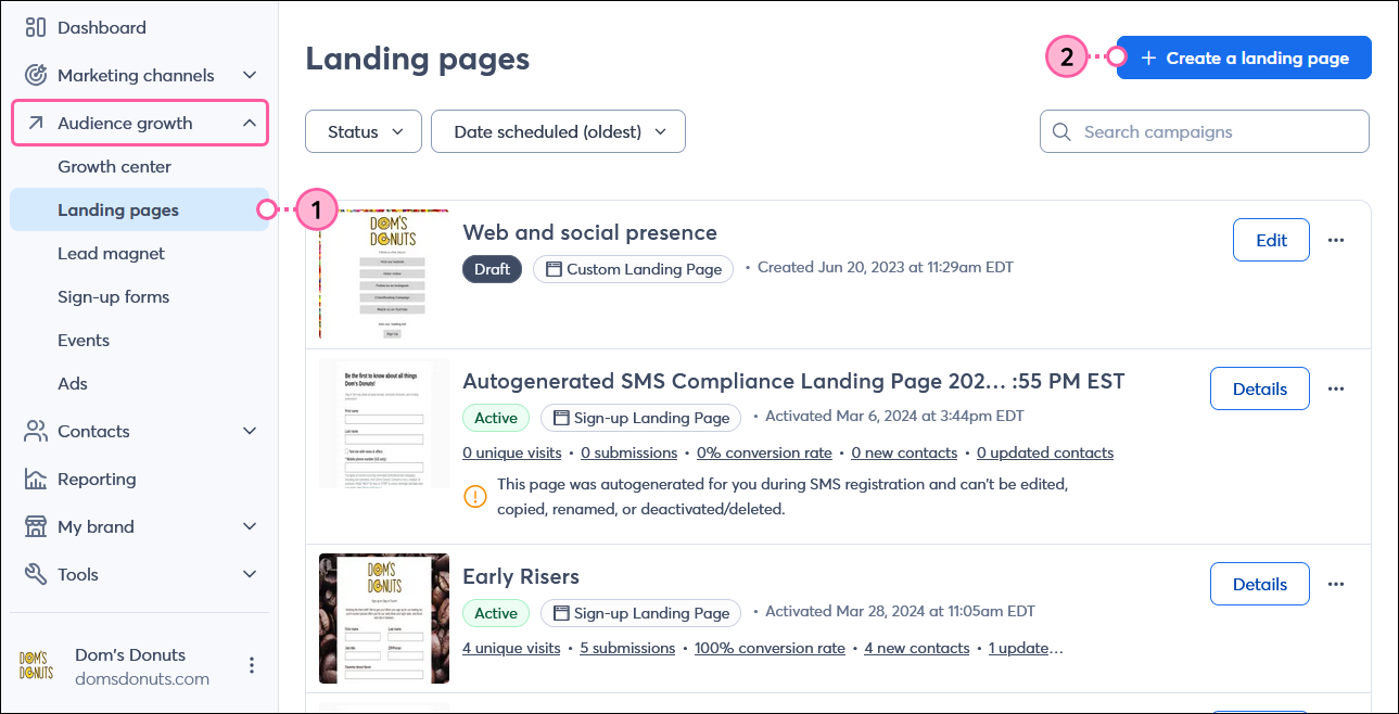 Landing pages page with Audience Growth drop-down menu expanded and Landing pages option selected, and + Create a landing page button