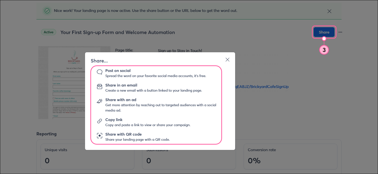 Página de bienvenida de suscripción, página Details (Detalles), con botón Share (Compartir), y ventana superpuesta Share (Compartir) con opciones para compartir por correo electrónico, redes sociales y Web