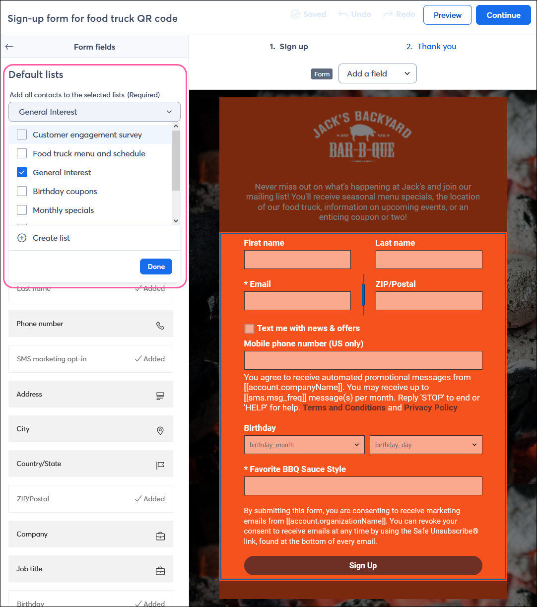 Example Sign-up Landing Page with Form fields menu and Default lists options