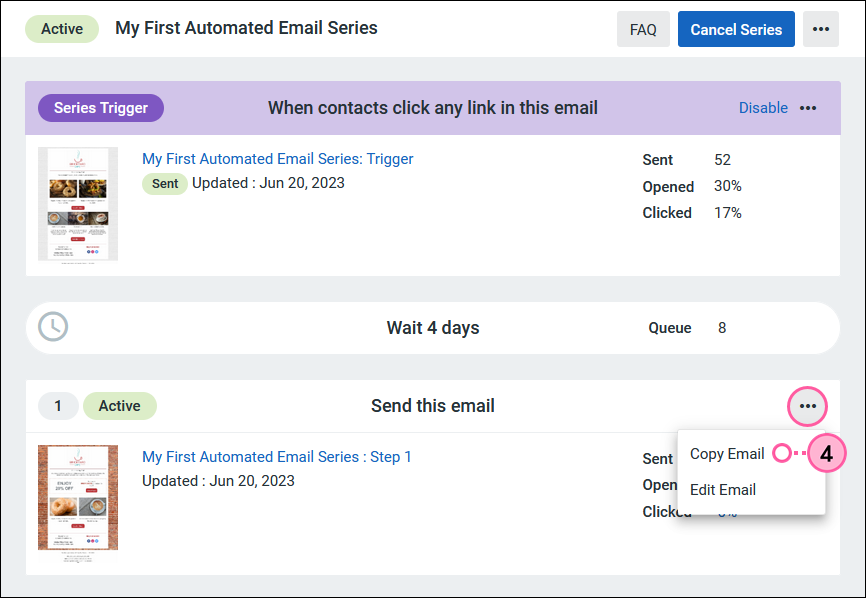 Step Email Drop-down and Copy Email Option