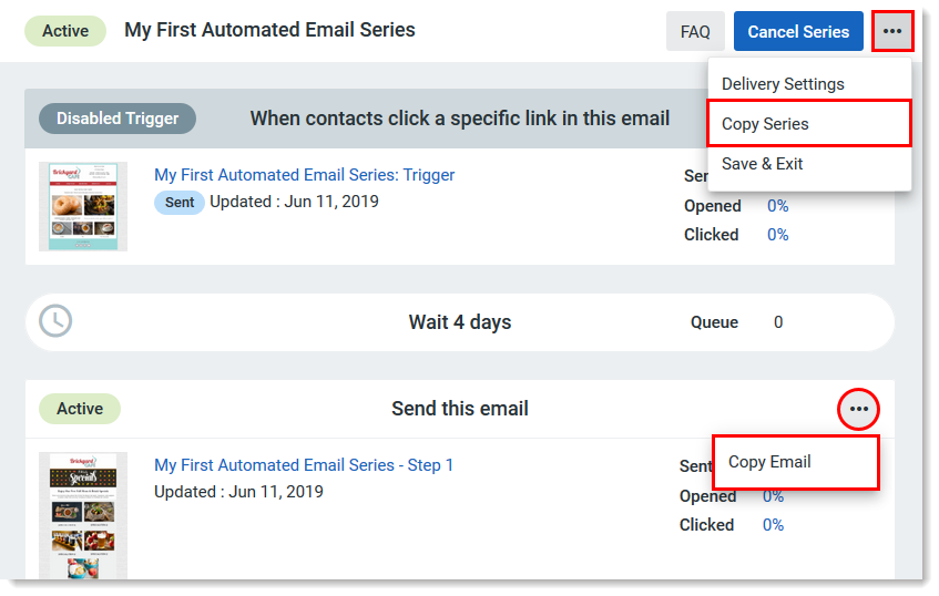 Ejemplo de una serie de mensajes de correo automatizados activa con opciones Copy Series (Copiar serie) y Copy Email (Copiar correo electrónico)