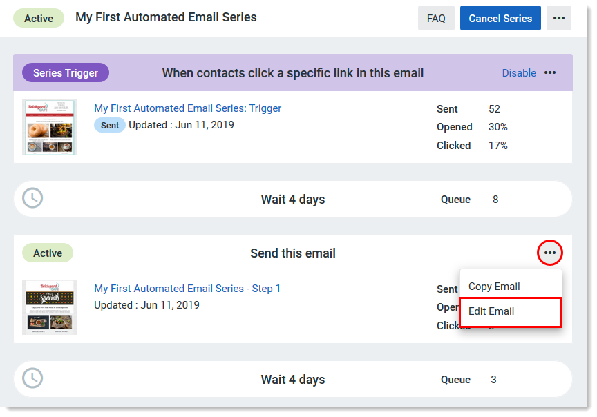 Opción Edit Email (Editar correo electrónico) en una serie de correos electrónicos automatizados activa