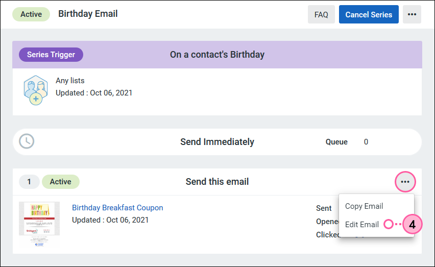Active Automated Birthday Email, More drop-down and Edit Email option
