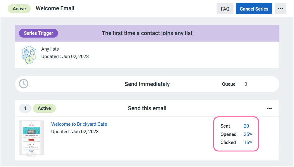 Welcome Email in Active status, Send this email section with Sent count, and Opened and Clicked statistics