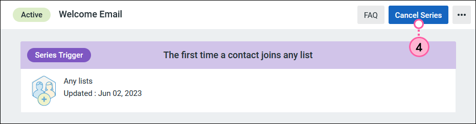 Welcome Email in Active status, and Cancel Series button