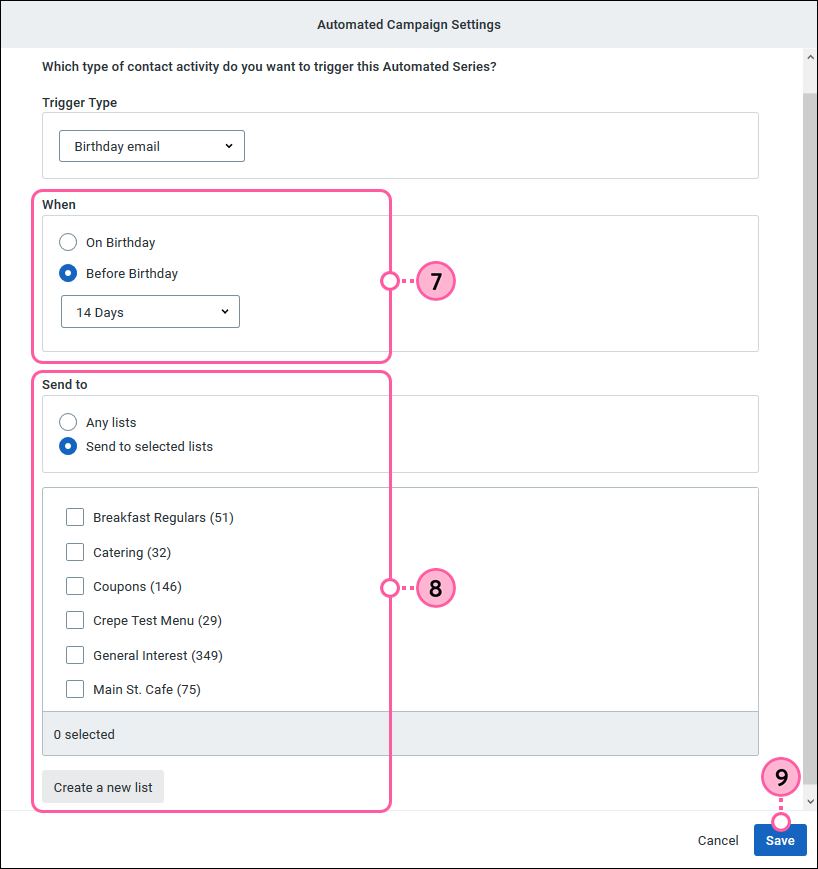 Automated Campaign Settings, When to Send, Select Lists, and Save button