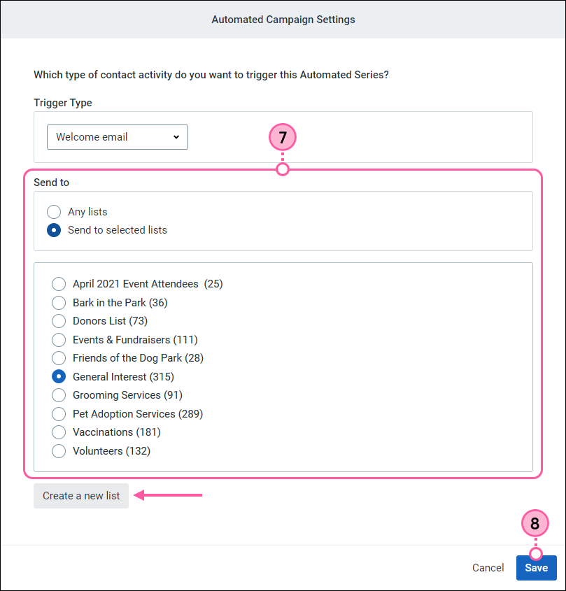 Automated Campaign Settings with Welcome Email trigger type, Send to Any Lists or Selected Lists options, and Save button