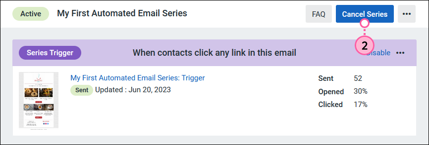 Screenshot of the Automated Email Series page with the Cancel button selected.