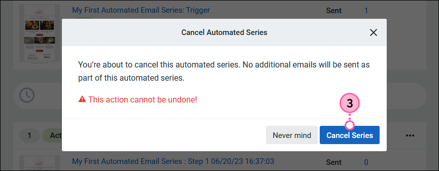 Screenshot of the Automated Series Cancel confirmation window.