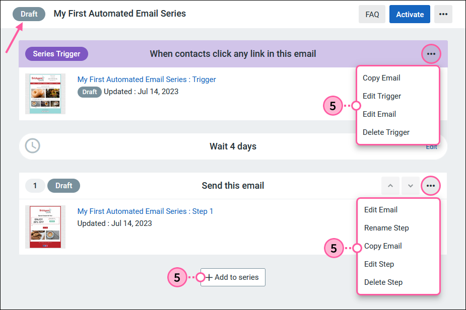 Edit Options for Draft Automated Email Series
