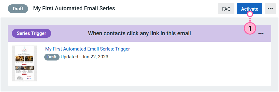 Screenshot of the Automated Email Series page with the Activate button selected.