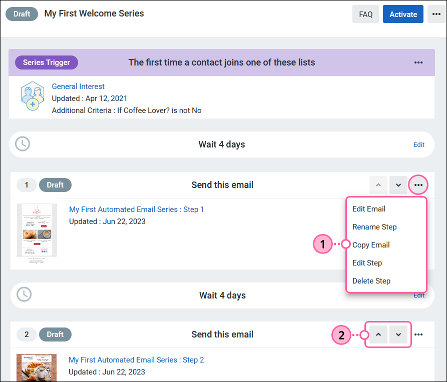Automated Campaign Step Setup page