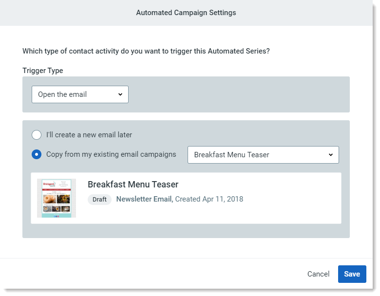 Ejemplo de elección de un activador para una serie de correos electrónicos automatizados.