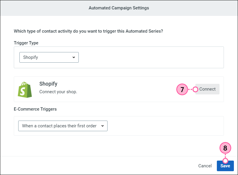 Shopify Trigger Type selected, Connect button, and Save button
