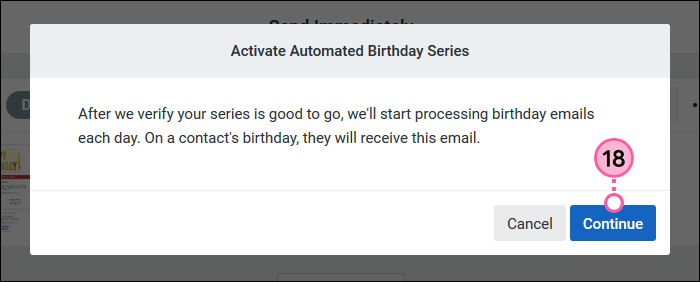 Activate Automated Birthday Series confirmation message and Continue button