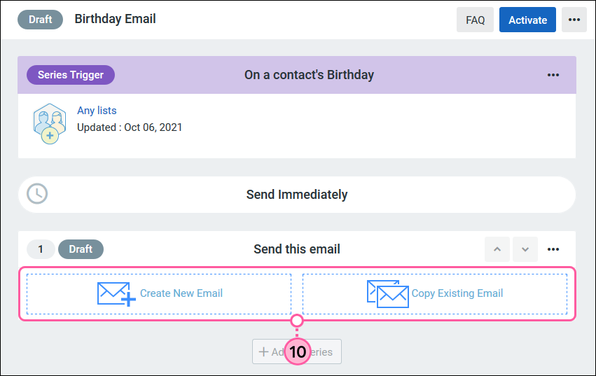 Draft automated email series with Create New Email and Copy Existing Email options