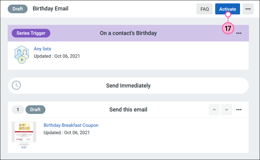 Draft automated email series with Activate button