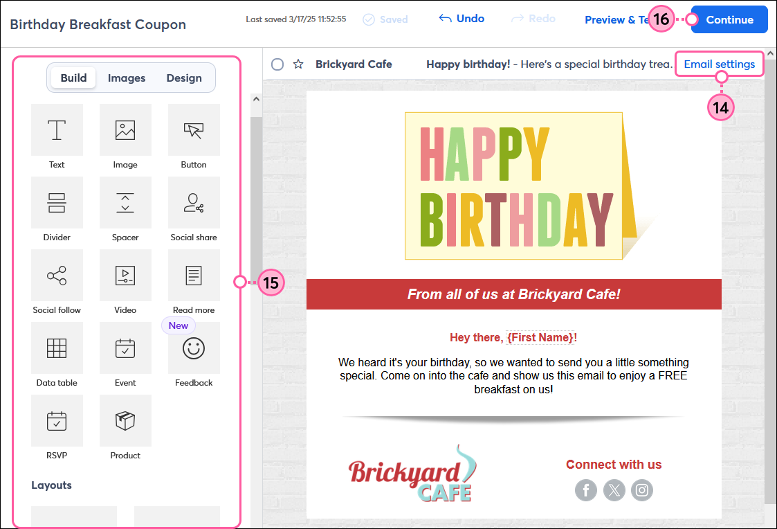 Email header, Build, Images, and Design tabs, and Continue button