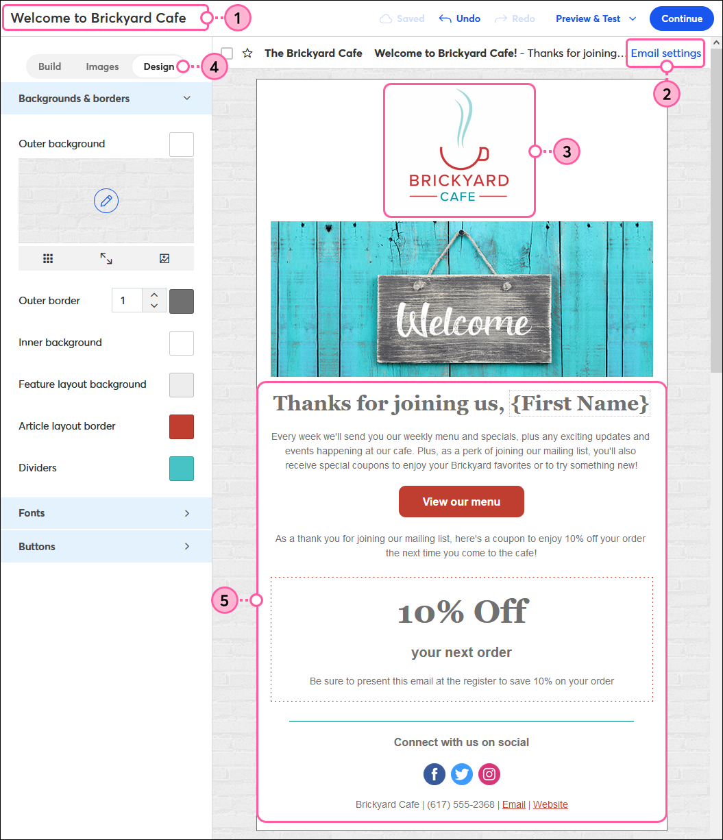 Welcome Email draft in editor, email name, email settings, logo, design tab, and email content
