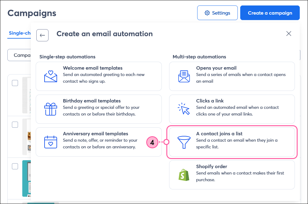 Choose an Email Automation dialogue box with A Contact Joins a List option