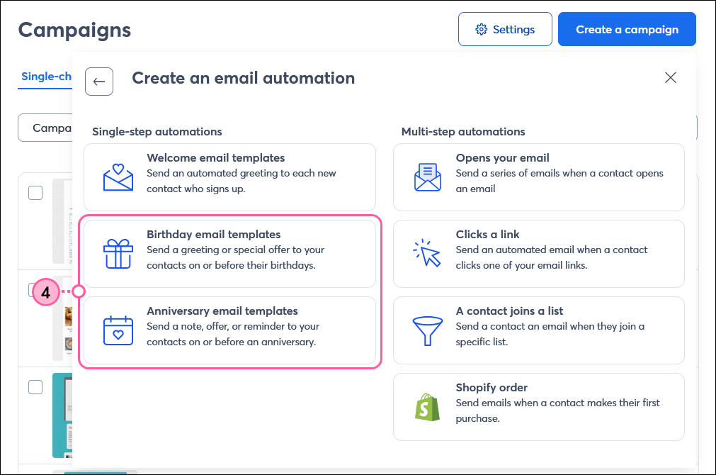 Choose an Email Automation, Single-step trigger types, and Birthday Email Templates option